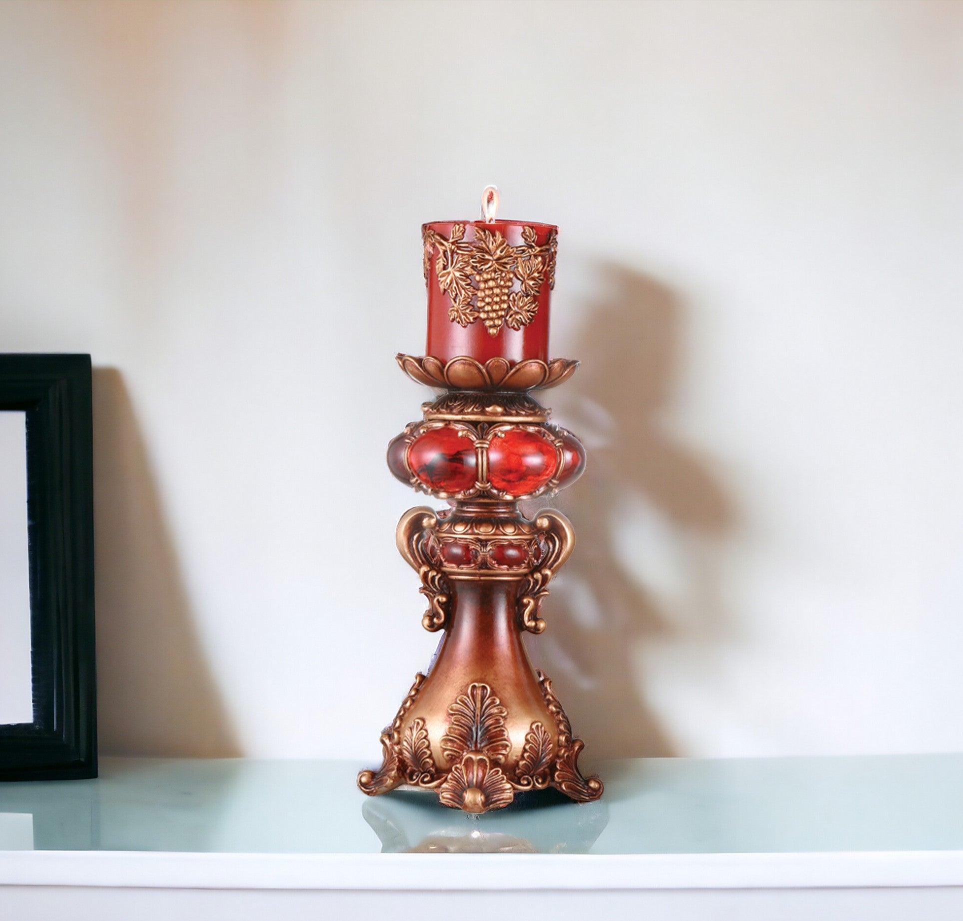 16" Tall Red and Brown Faux Marble Candle Holder with Candle - Metromarketstore
