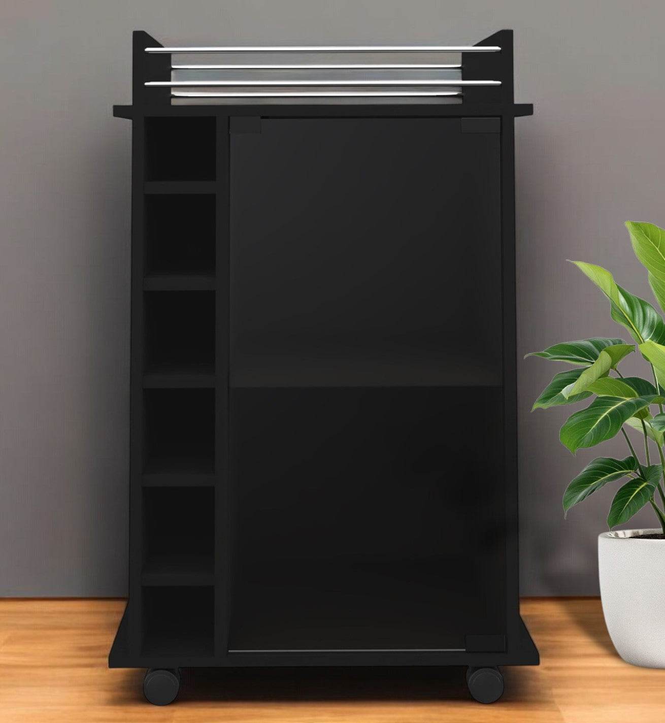 Black Rolling Bar Cart With Wine Storage - Metromarketstore
