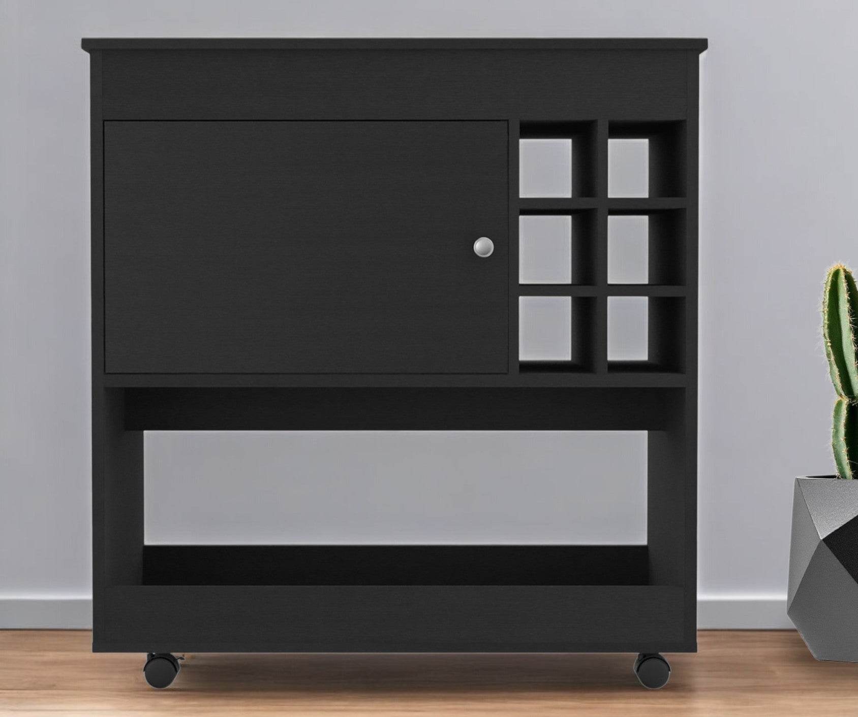 Black Rolling Bar Cart With Wine Storage - Metromarketstore