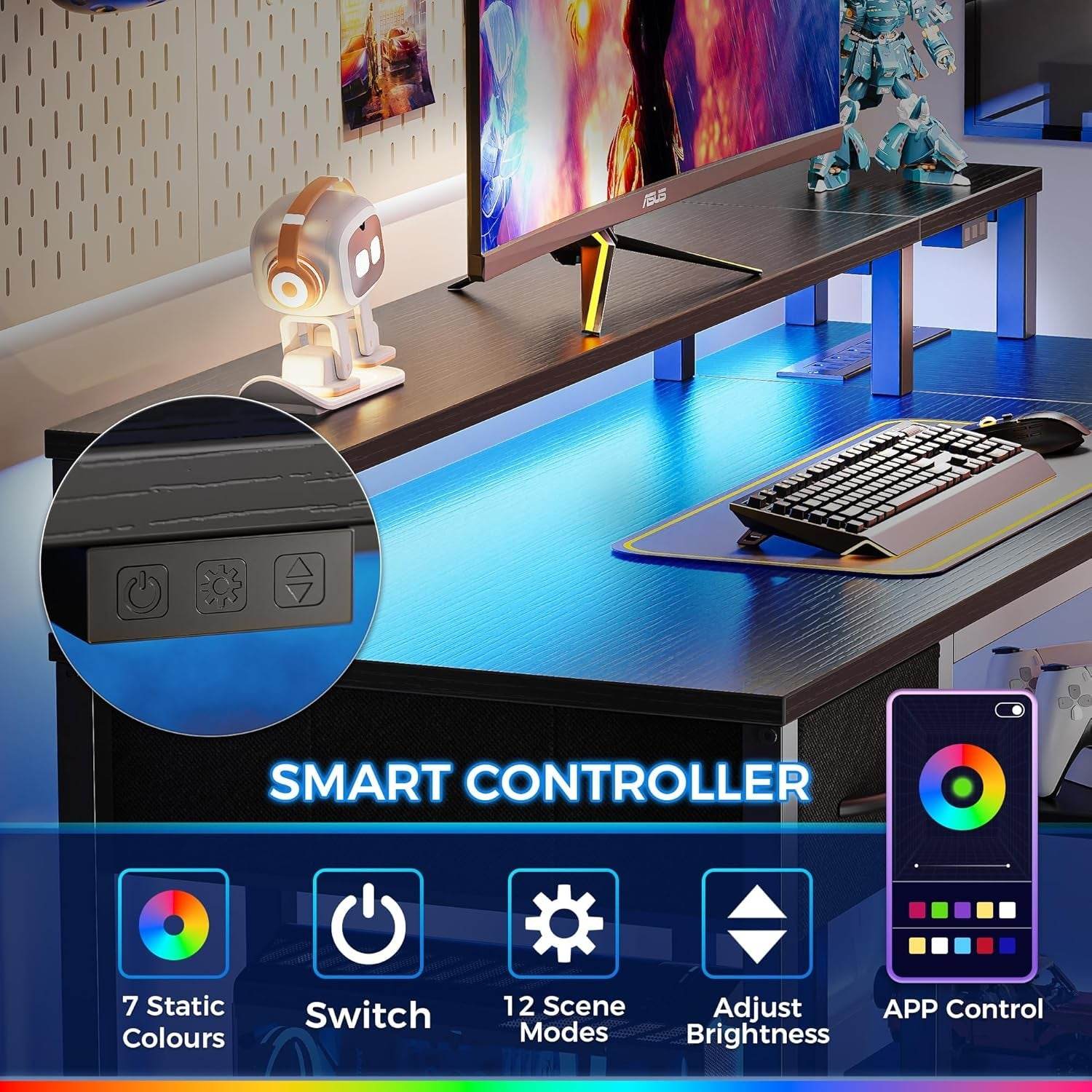 47 Inch Reversible L Shaped Desk with LED Lights & Power Outlets, Computer Desk with Shelves & Monitor Stand, Gaming Desk with Drawer, Home Office Desk Corner Desk, Black-4