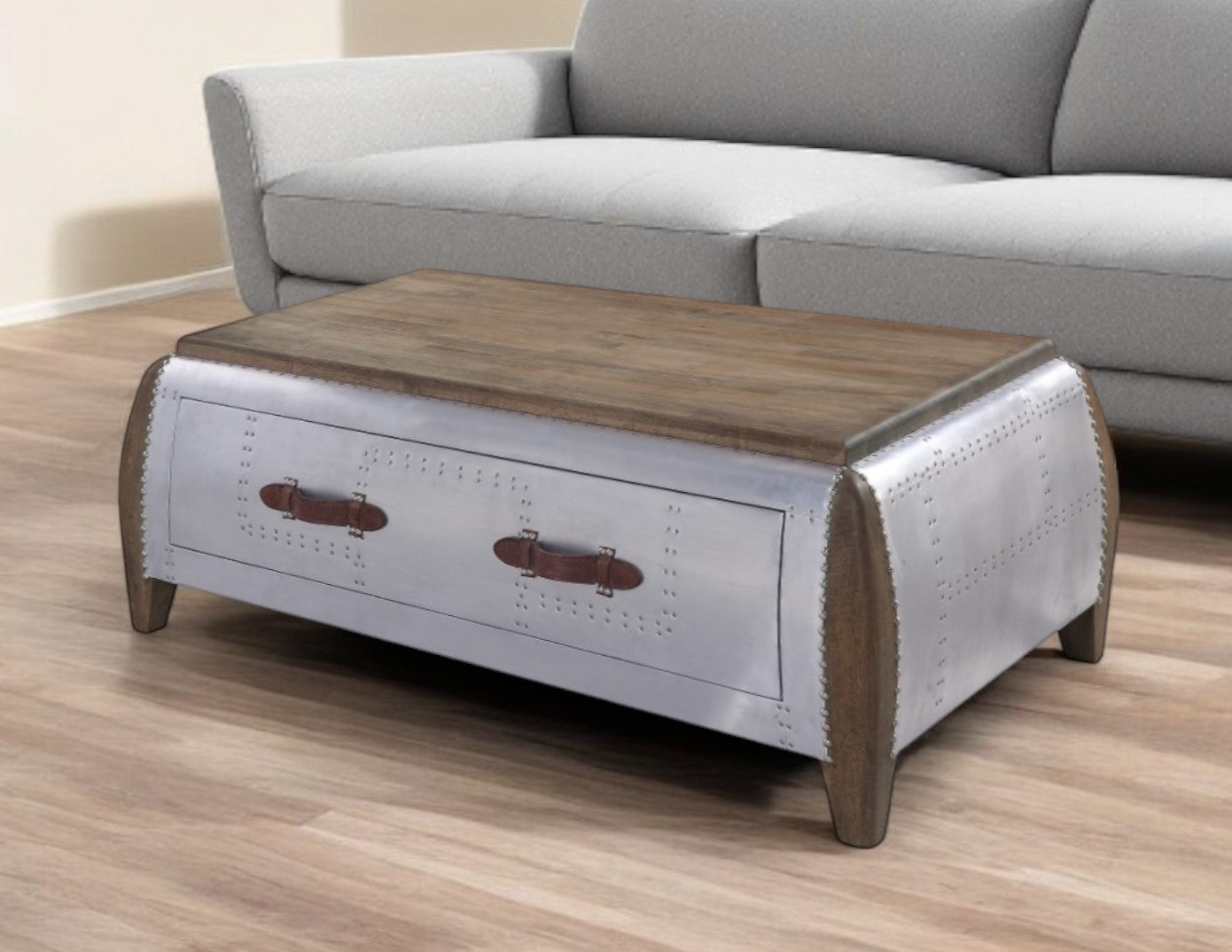51" Brown and Gray Solid Wood And Aluminum Solid Coffee Table With Drawer-0