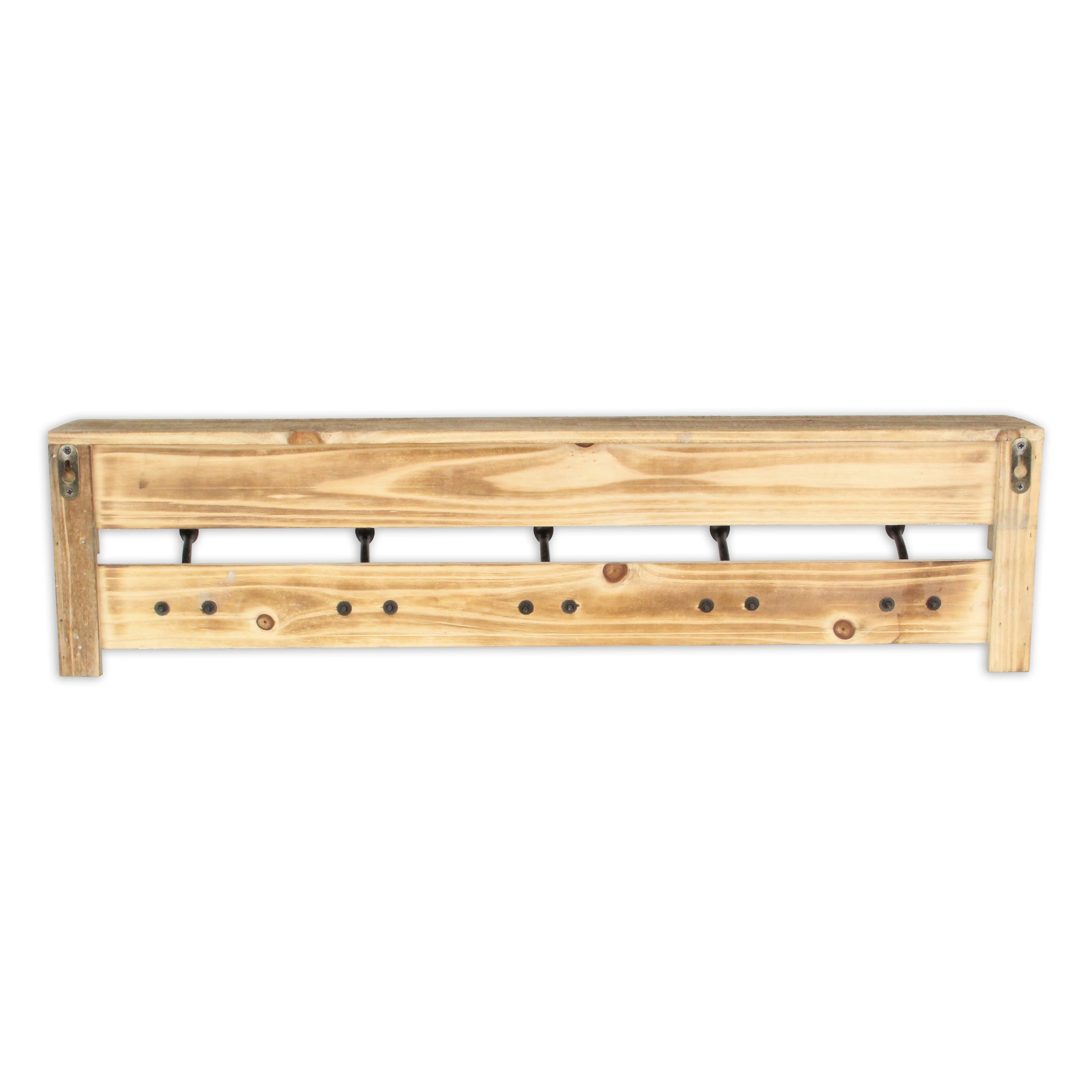 32" Natural Wood Five Hook Wall Mount Coat Rack-2
