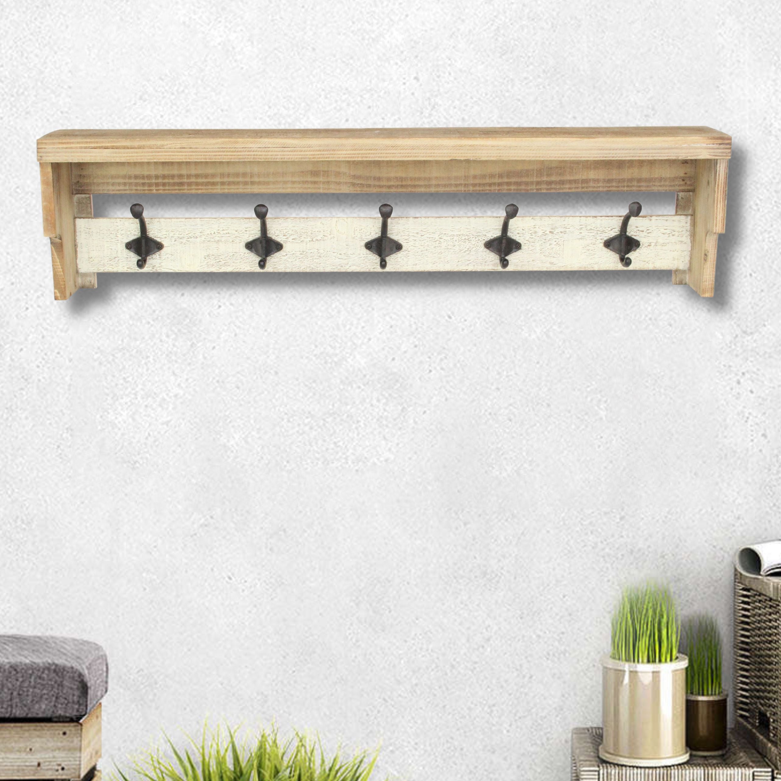 32" Natural Wood Five Hook Wall Mount Coat Rack-8