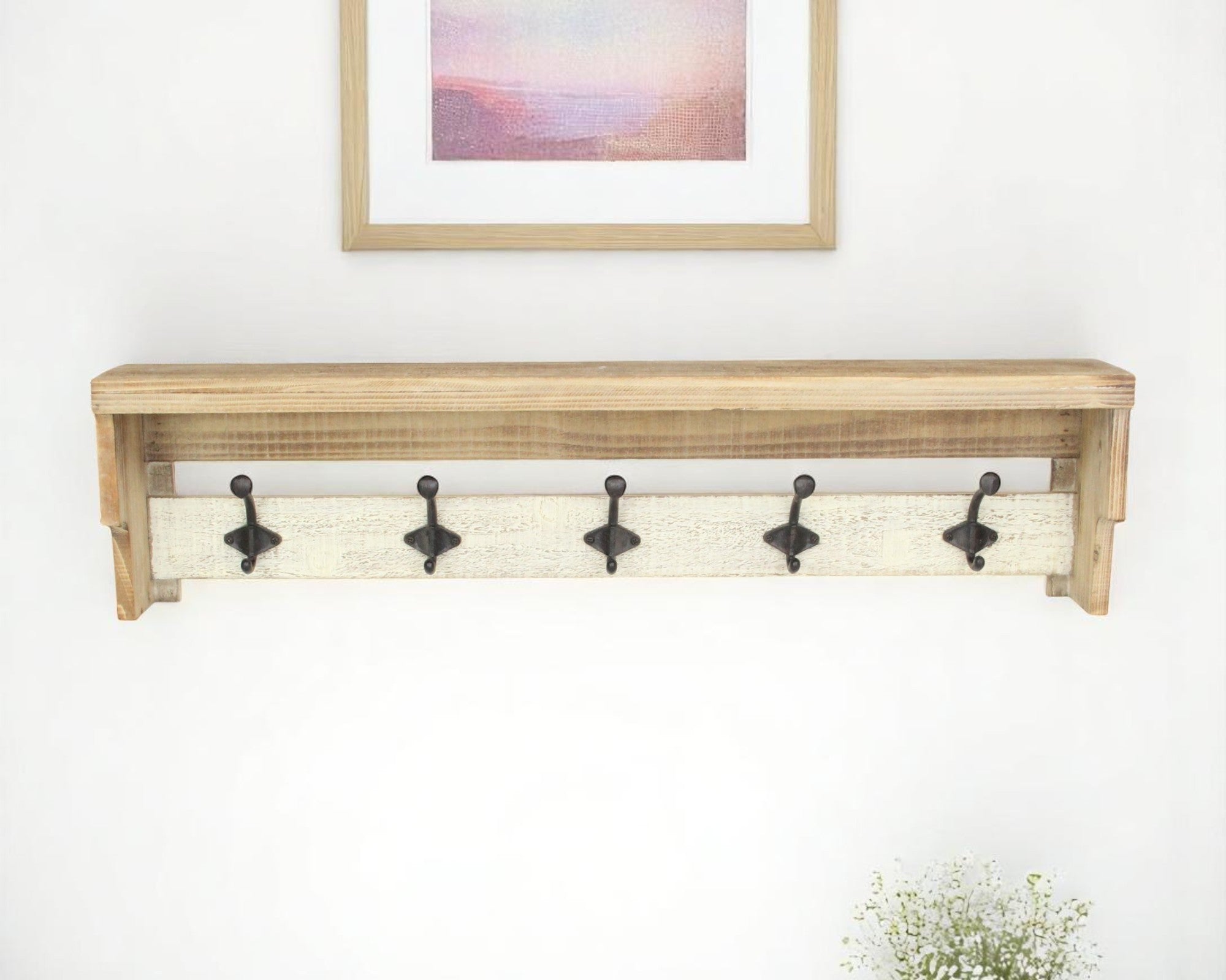 32" Natural Wood Five Hook Wall Mount Coat Rack-0