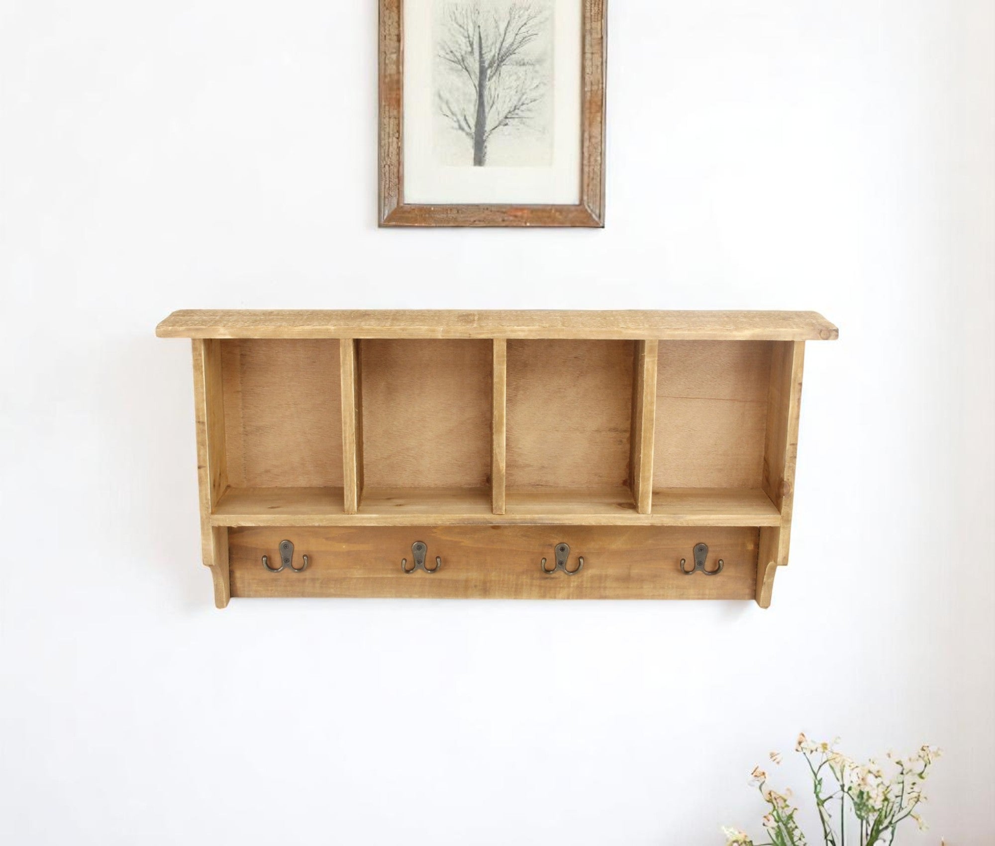 30" Natural Wood Four Hook Wall Mount Coat Rack-0