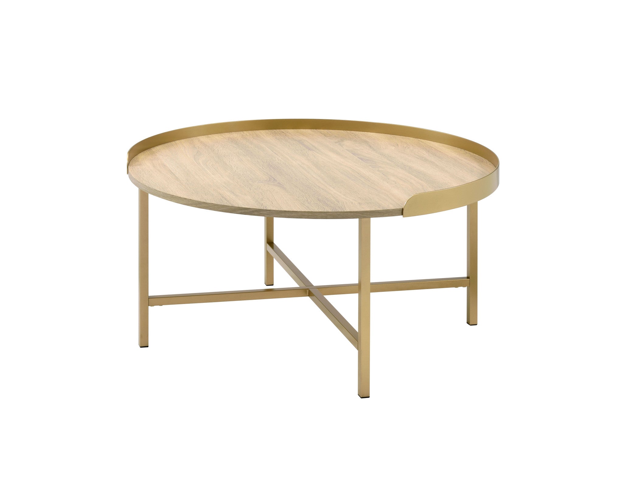 34" Oak and Gold Wood And Metal Round Sled Coffee Table - Metromarketstore