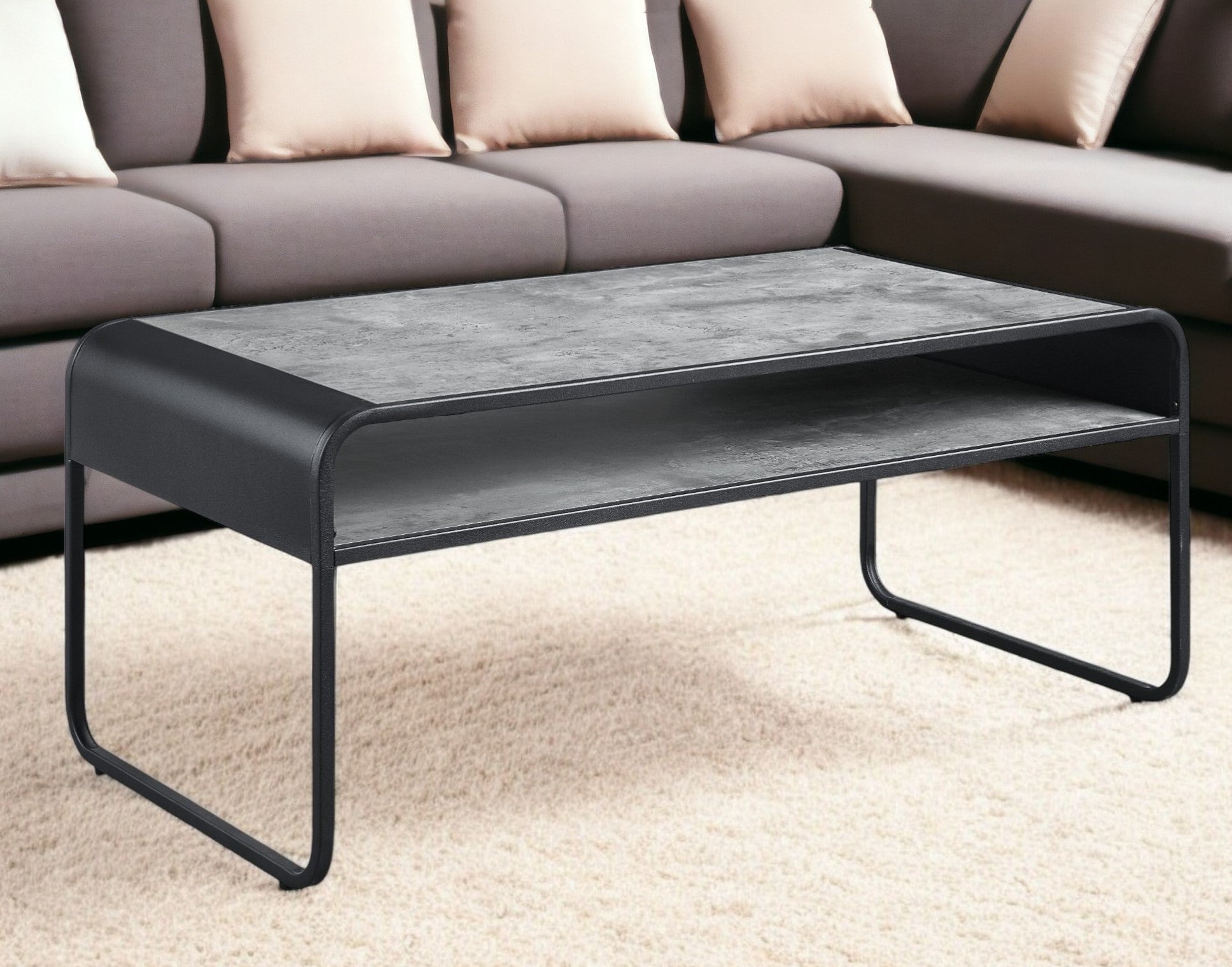 42" Gray and Black Concrete And Metal Sled Coffee Table With Shelf - Metromarketstore