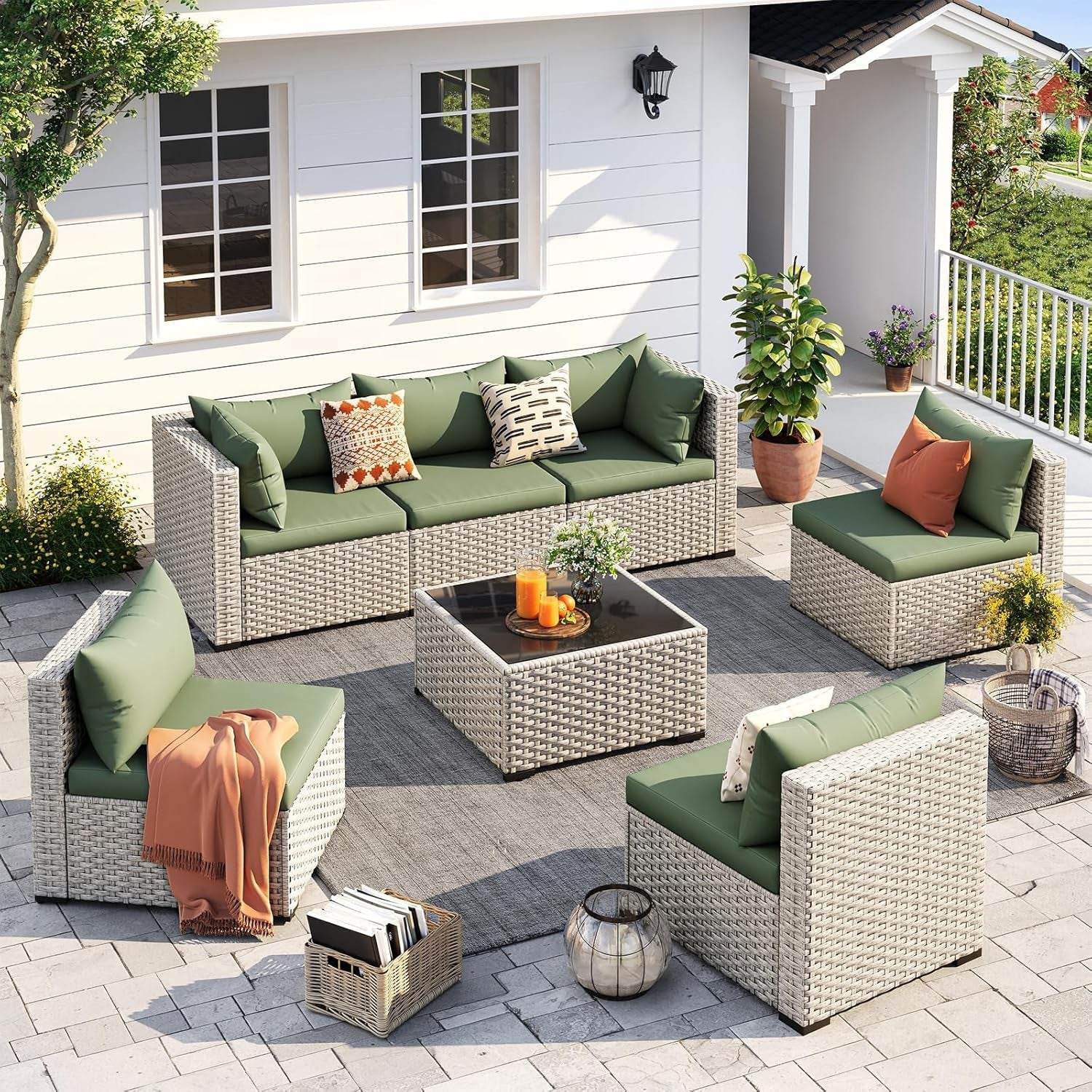 Outdoor Patio Furniture Set, 7-Piece PE Wicker Sectional Sofa with Tea Table - Metromarketstore
