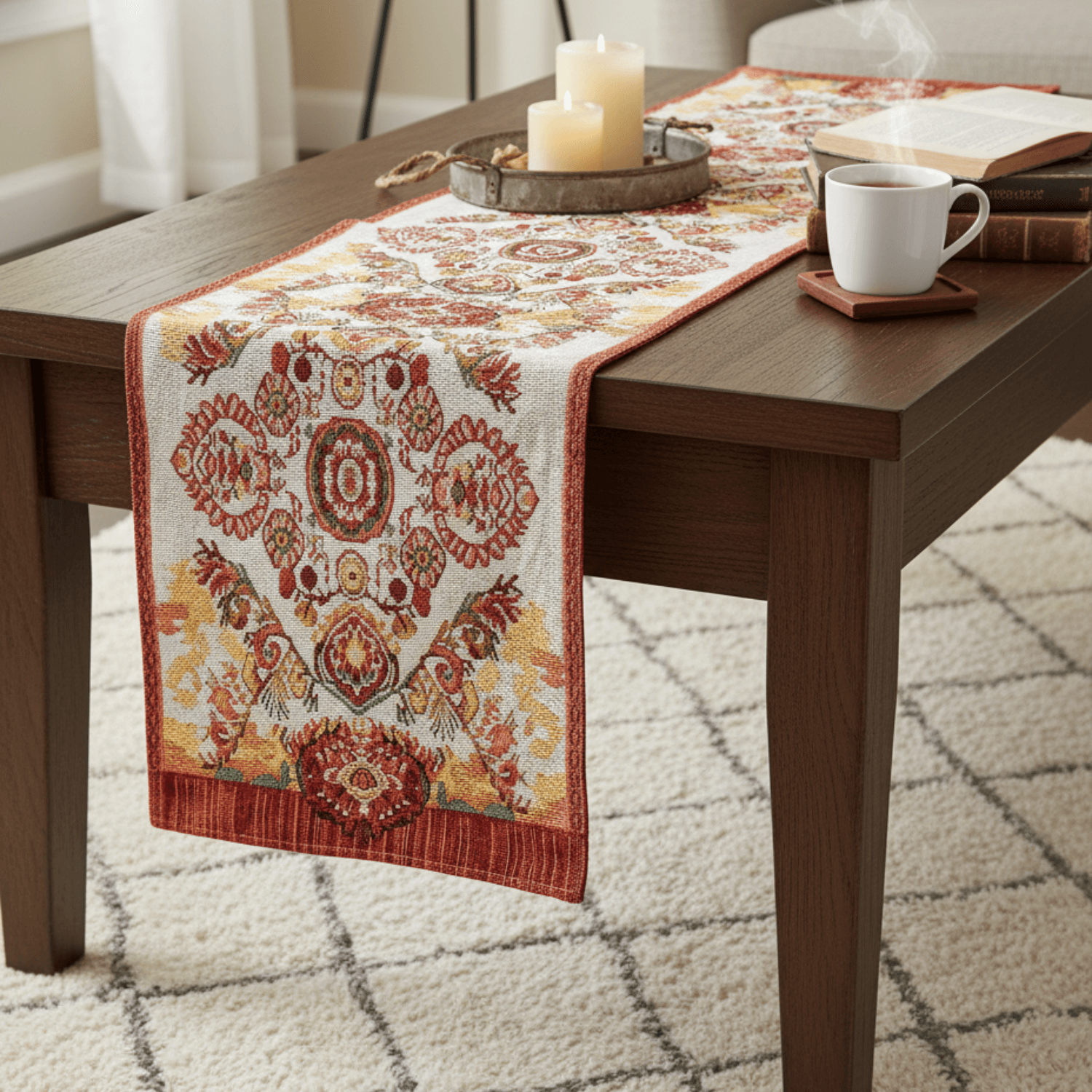 Tache Elegant Burgundy Ornate Paisley Woven Tapestry Table Runner - Metromarketstore