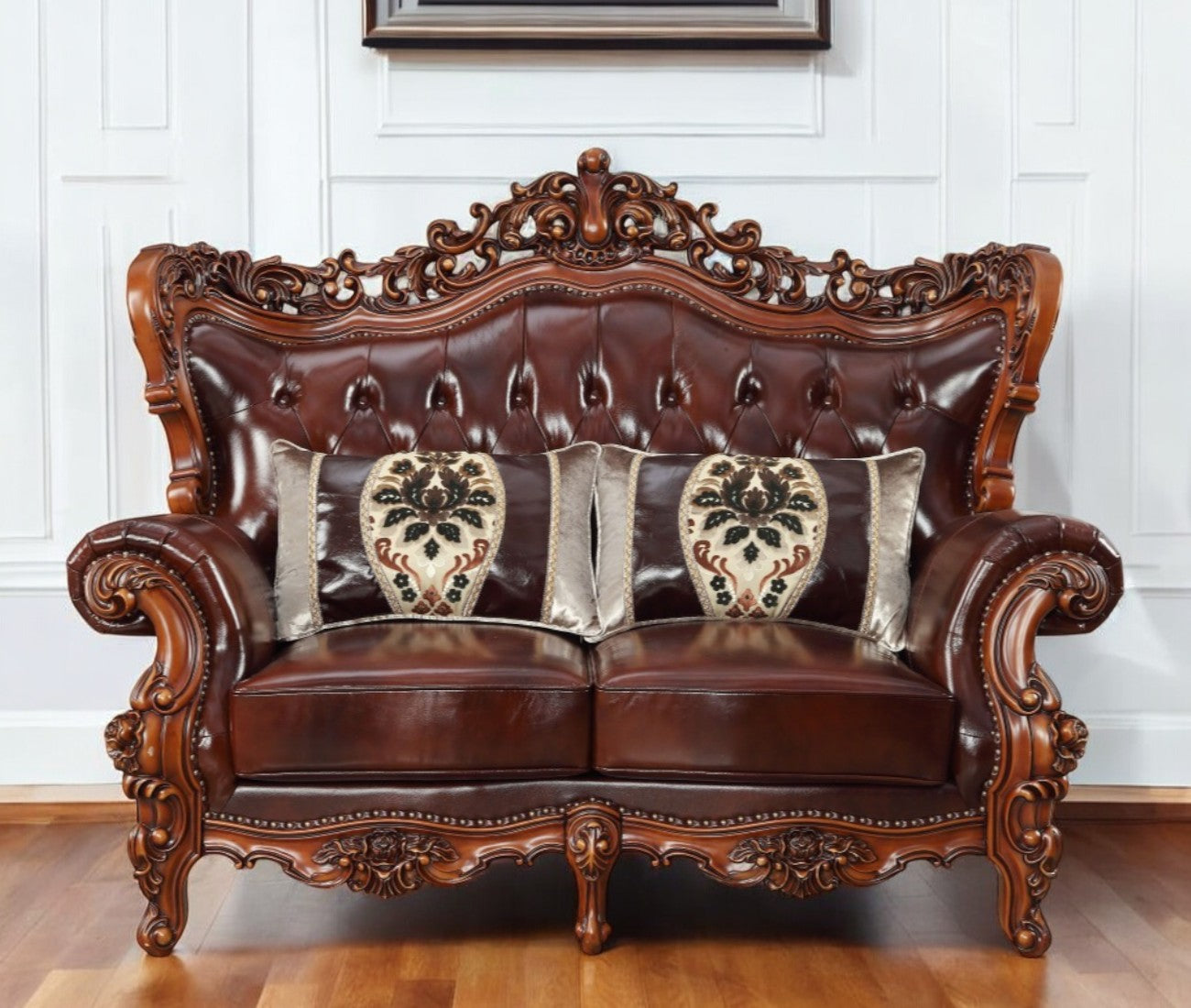 69" Brown And Walnut Top Grain Leather Curved Loveseat and Toss Pillows-0