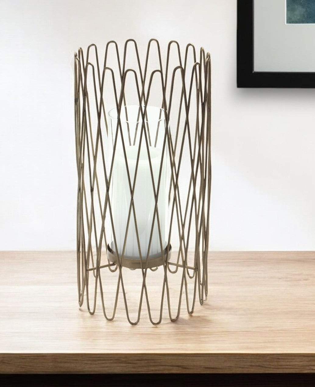 14" Gold Iron and Glass Tabletop Hurricane Candle Holder - Metromarketstore