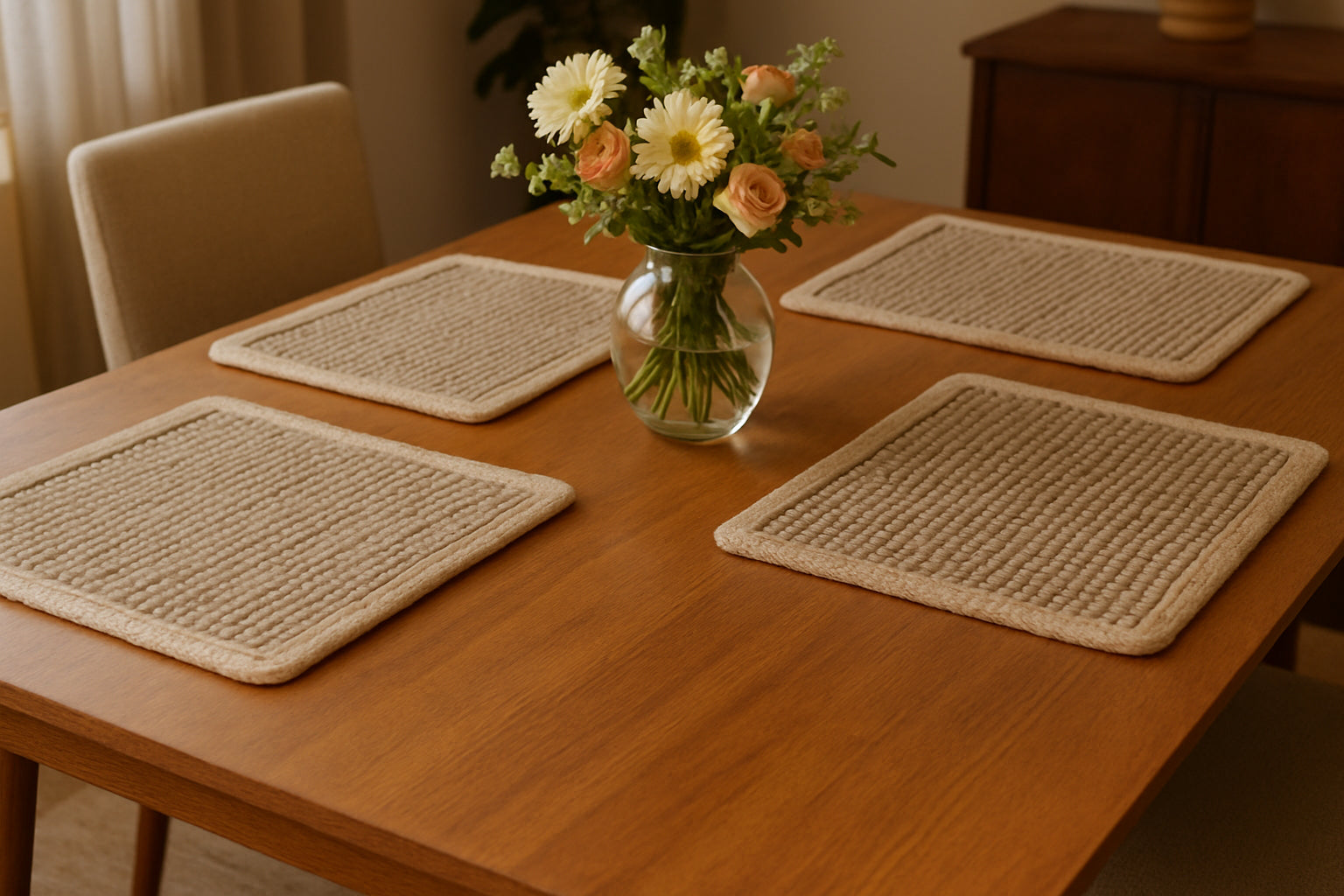 15" Set of Four Natural Solid With Border Cotton Square Placemats-0