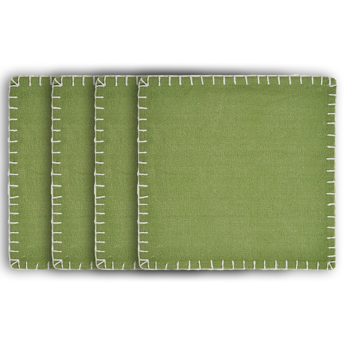15" Set of Four Natural And Olive Green Embroidered Edge Cotton Square Placemats-1