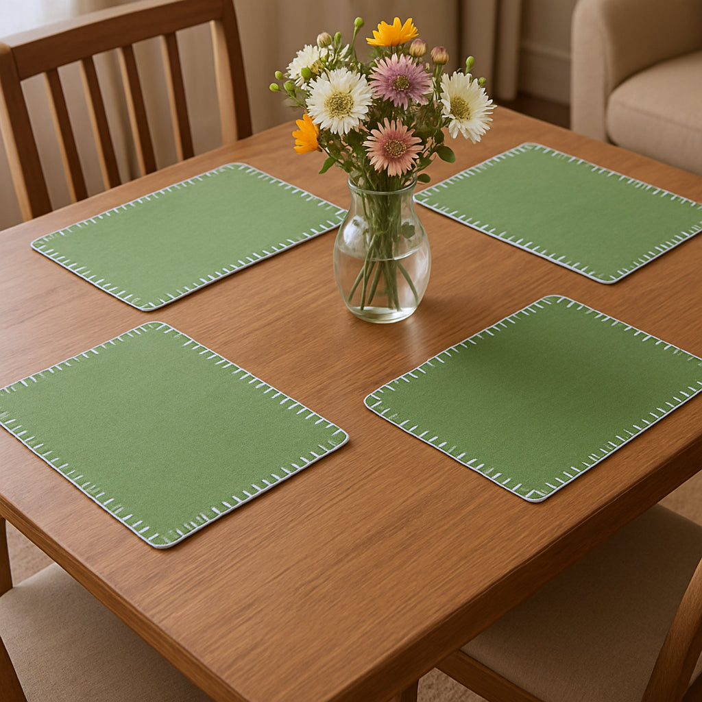15" Set of Four Natural And Olive Green Embroidered Edge Cotton Square Placemats-0