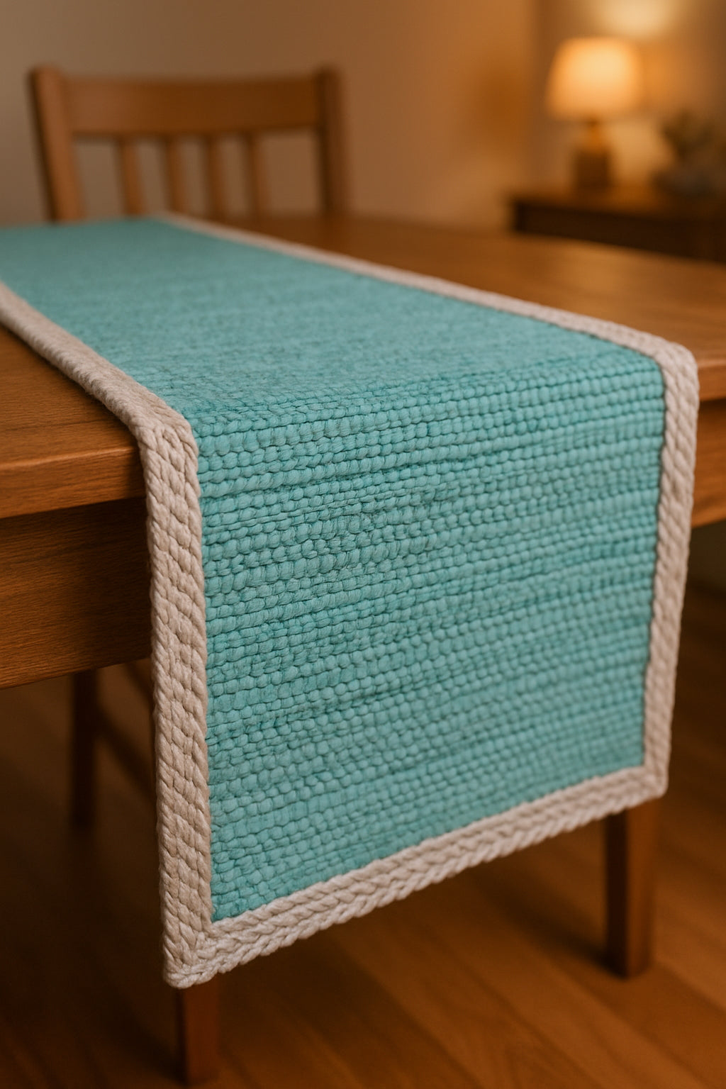 80" Turquoise And Natural Solid With Border Cotton Table Runner-0