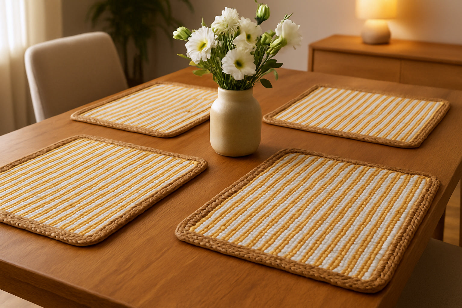 19" Set of Four Cream Yellow And Natural Striped Cotton And Jute Placemats-0
