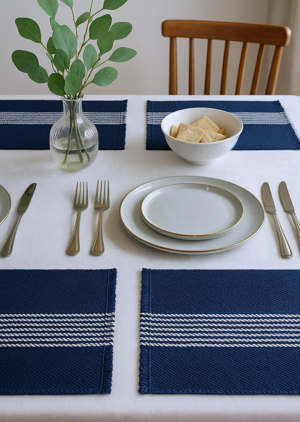 19" Set of Four Navy Blue And White Striped Cotton Placemats - Metromarketstore