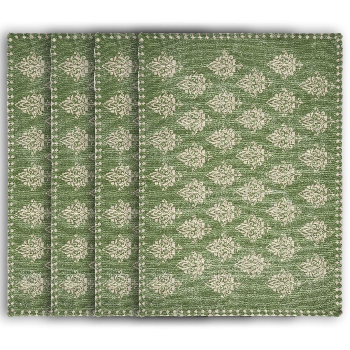19" Set of Four Green And Cream Geometric Medallion Cotton Placemats - Metromarketstore