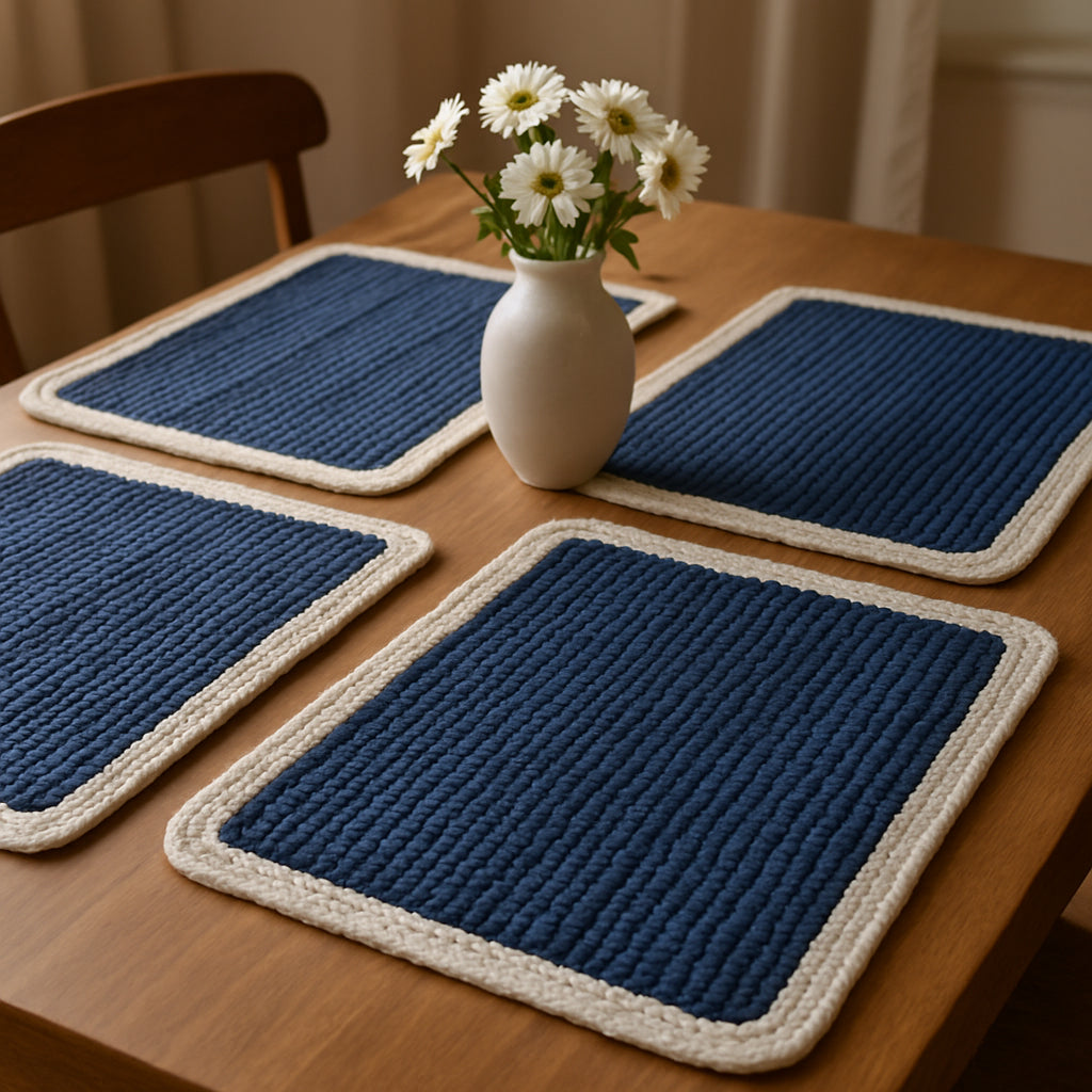 19" Set of Four Navy Blue And Natural Solid With Border Cotton Placemats-0