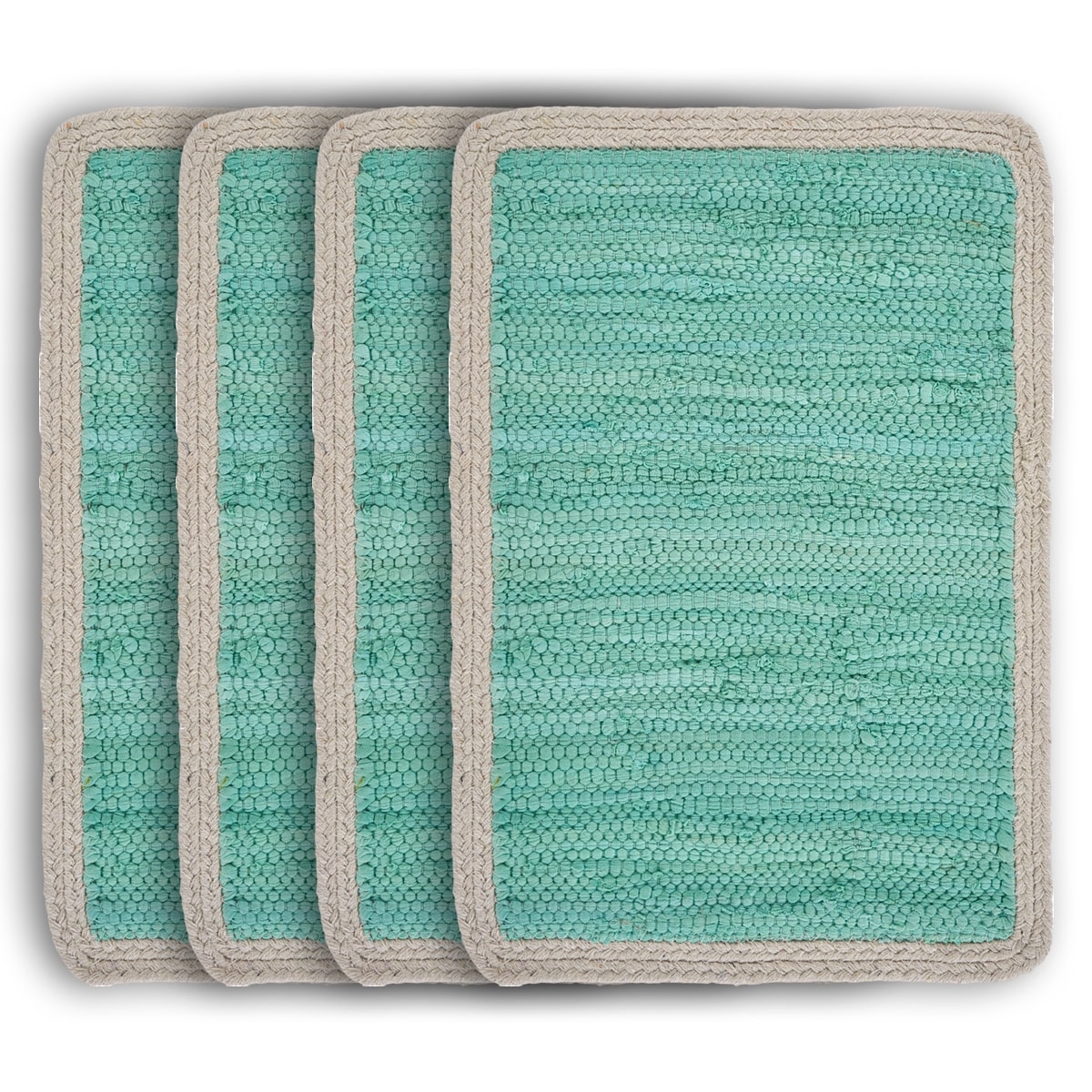19" Set of Four Turquoise and Natural Solid With Border Cotton Placemats-1