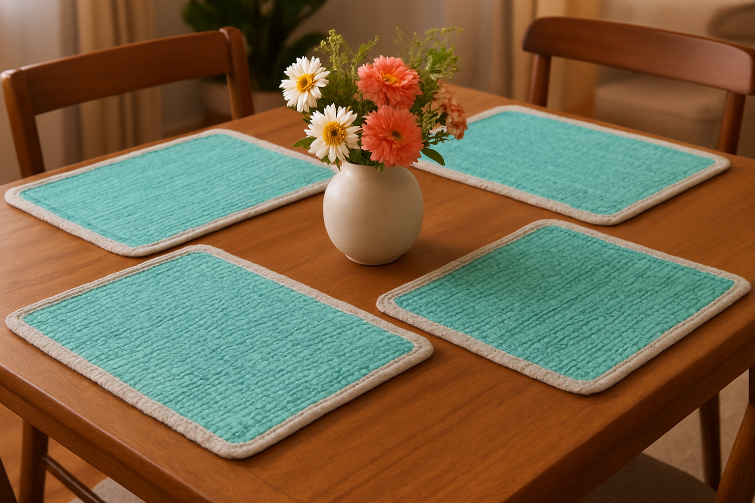 19" Set of Four Turquoise and Natural Solid With Border Cotton Placemats-0