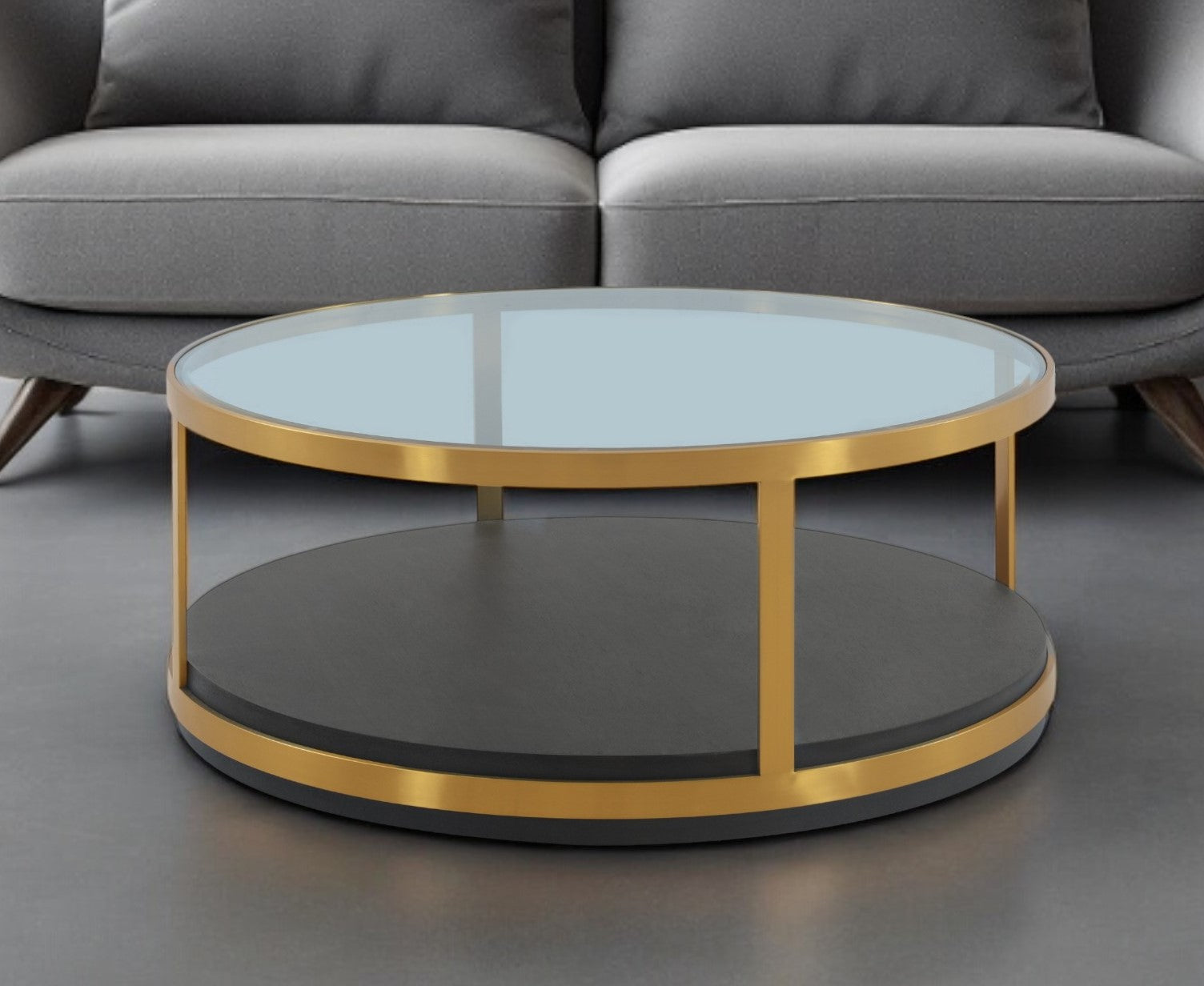 43" Clear And Black Gold Glass And Solid Wood and Metal Round Coffee Table With Shelf - Metromarketstore
