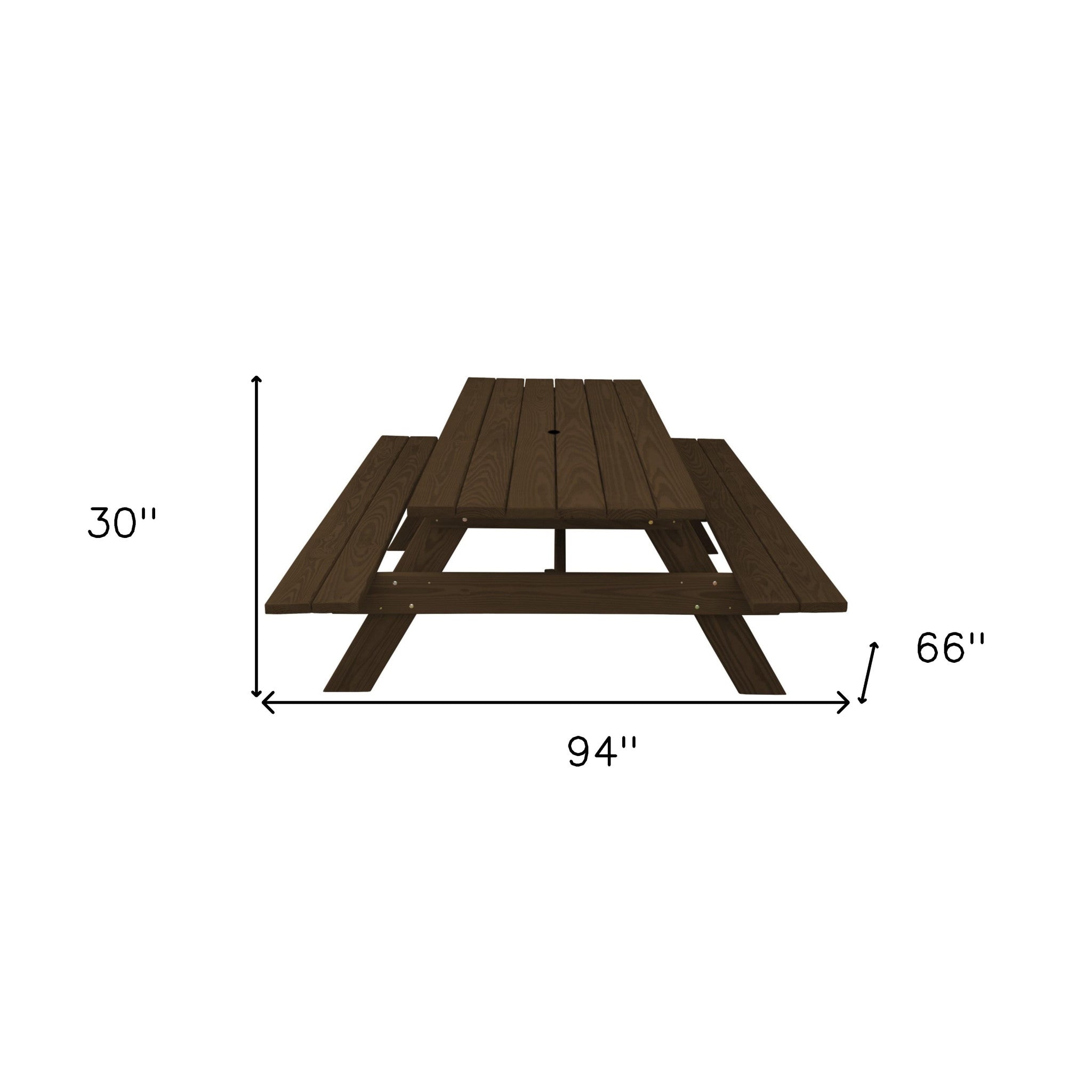 94" Dark Brown Solid Wood Outdoor Picnic Table with Umbrella Hole-4