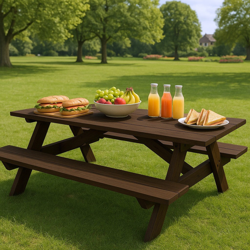 94" Dark Brown Solid Wood Outdoor Picnic Table with Umbrella Hole-1