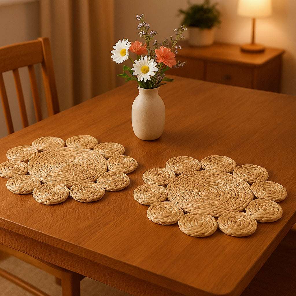 15" Set of Two Natural Braided Jute Scalloped Placemats - Metromarketstore