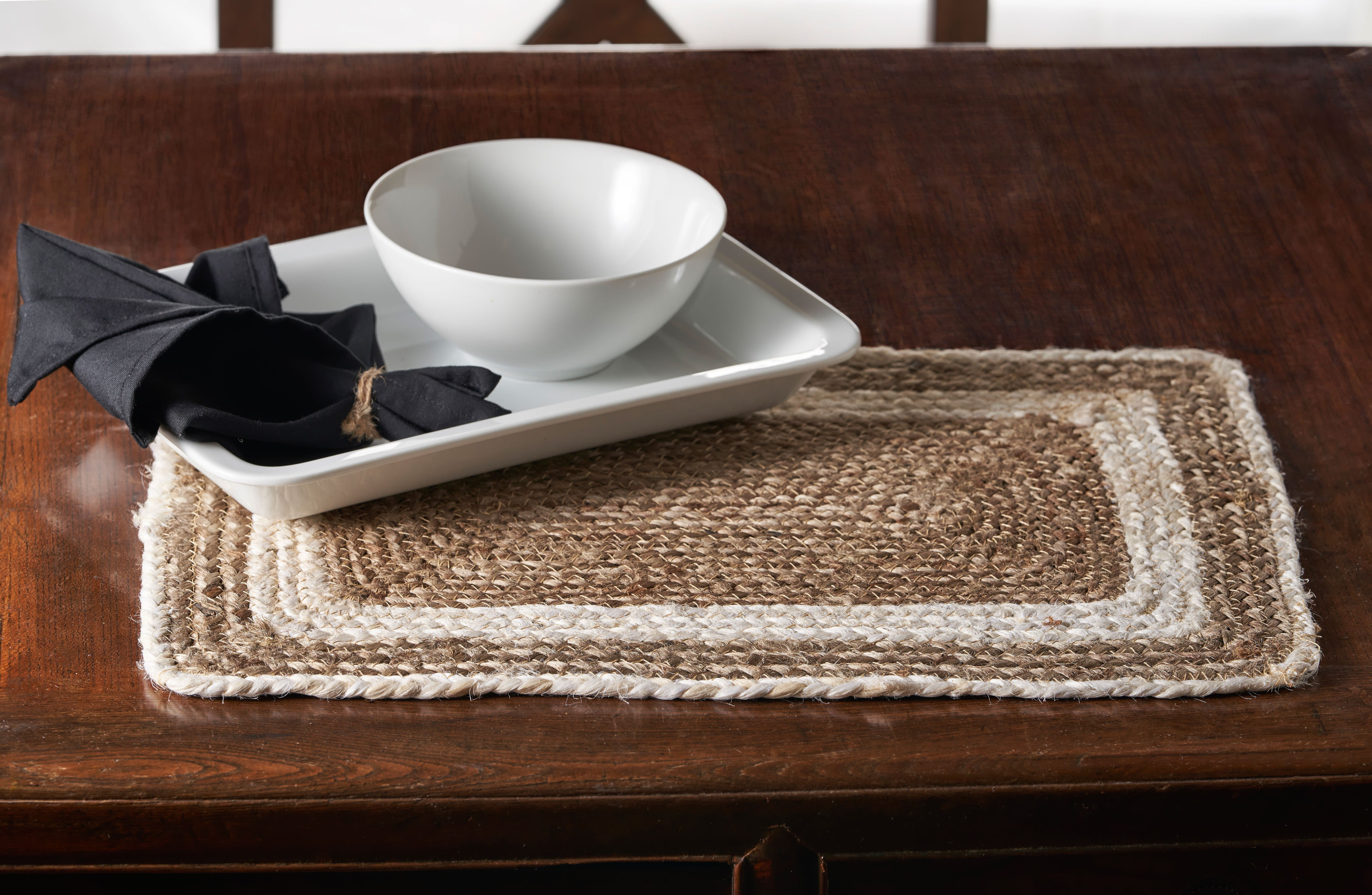 19" Set of Four Natural And Ivory Geometric Braided Jute Placemats-1