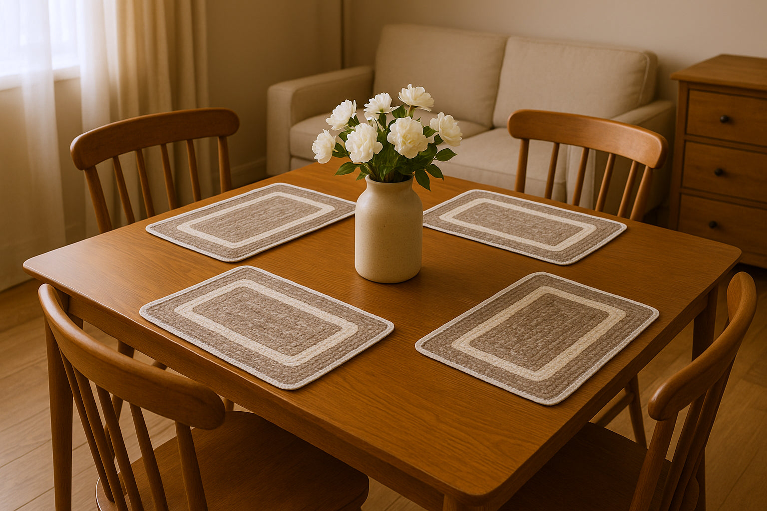 19" Set of Four Natural And Ivory Geometric Braided Jute Placemats-0