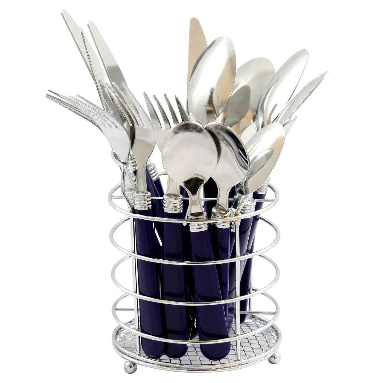 Gibson Sensations II 16 Piece Stainless Steel Flatware Set with Cobalt Handles and Chrome Caddy - Metromarketstore