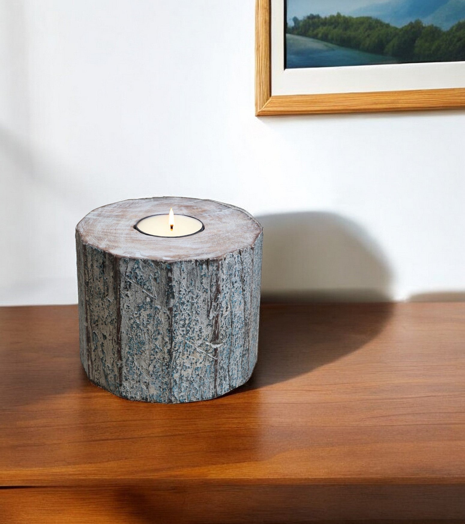 5" Brown And White Solid Wood Tabletop Tealight Candle Holder - Metromarketstore