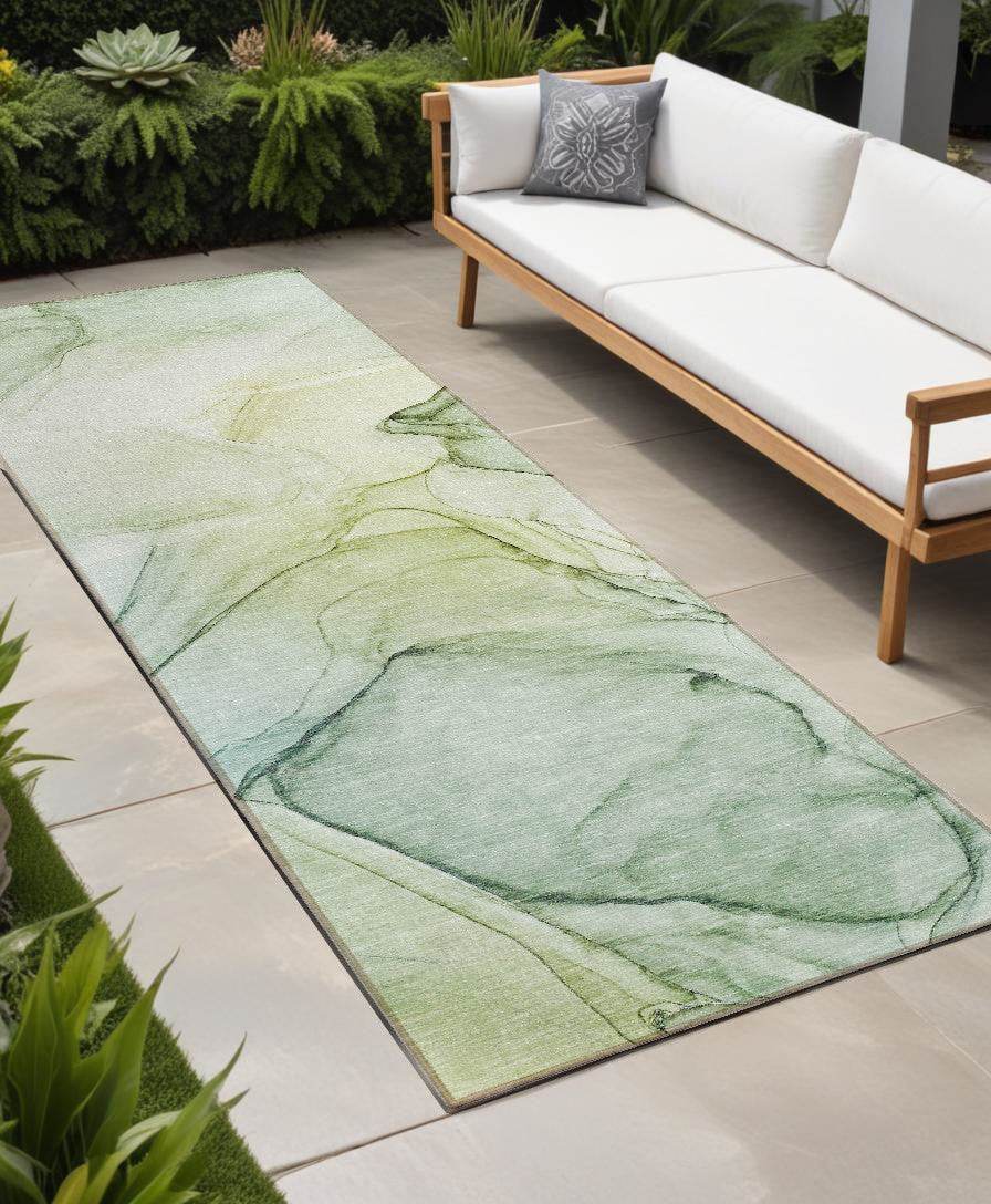 8' Runner Green Abstract Washable Non Skid Indoor Outdoor Runner Rug - Metromarketstore