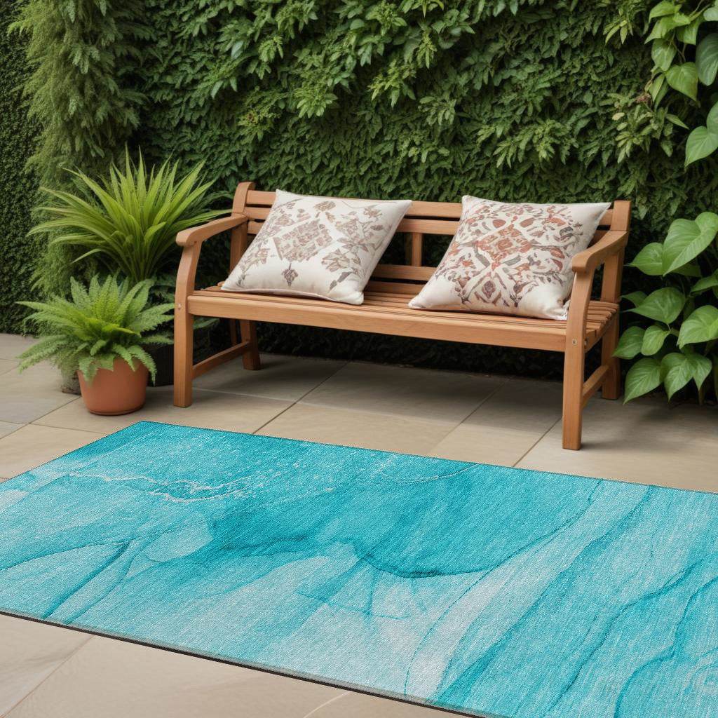 8' Runner Teal Abstract Washable Non Skid Indoor Outdoor Runner Rug - Metromarketstore