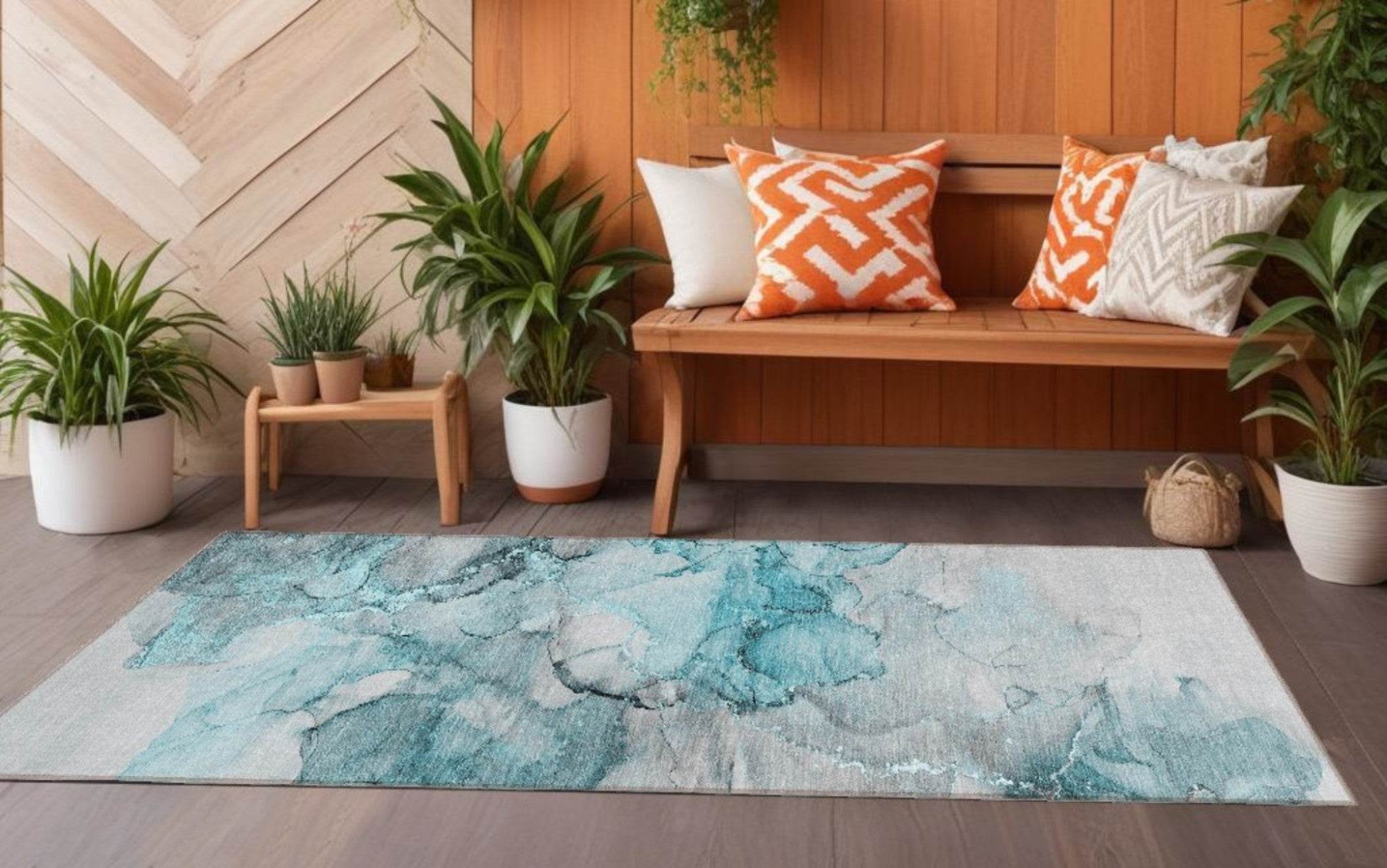8' Runner Teal Abstract Washable Non Skid Indoor Outdoor Runner Rug - Metromarketstore