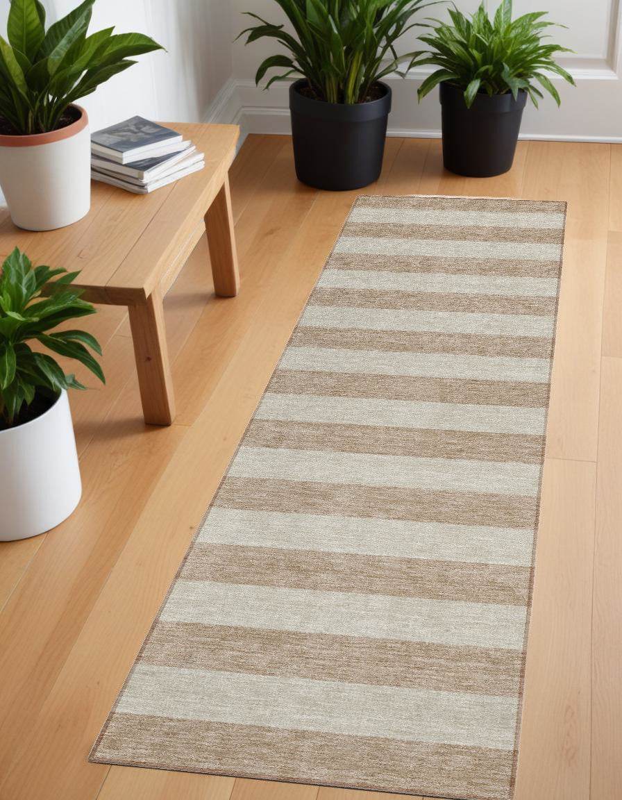 8' Runner Beige Striped Washable Non Skid Indoor Outdoor Runner Rug - Metromarketstore