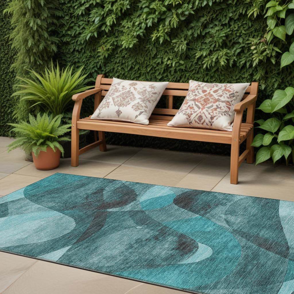 8' Runner Teal Abstract Washable Non Skid Indoor Outdoor Runner Rug - Metromarketstore