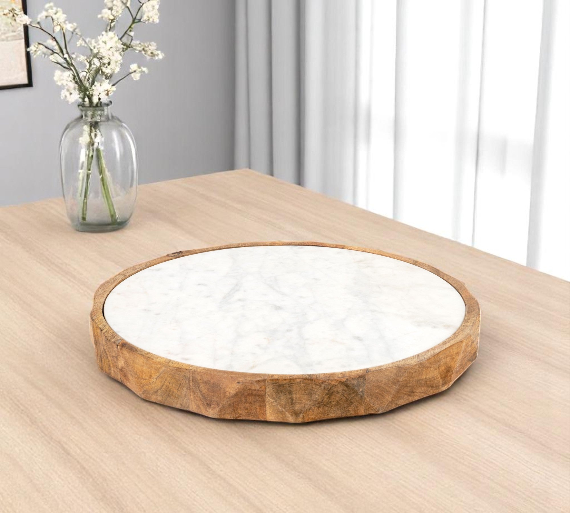 15" Brown And White Marble And Solid Wood Round Cheese Board - Metromarketstore