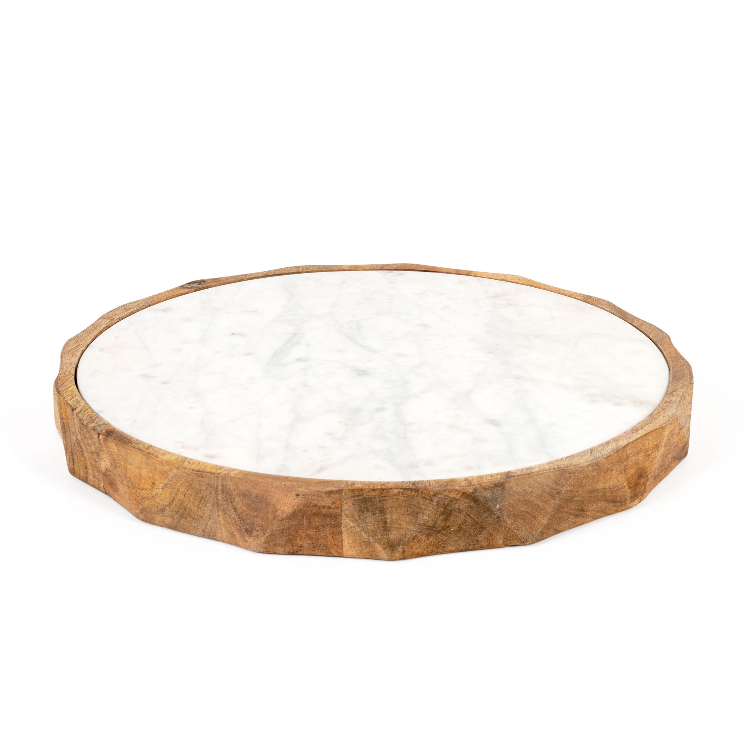 15" Brown And White Marble And Solid Wood Round Cheese Board - Metromarketstore