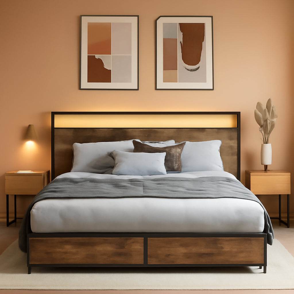 Vintage Queen Bed Storage Headboard, Drawers, Charge, LED - Metromarketstore