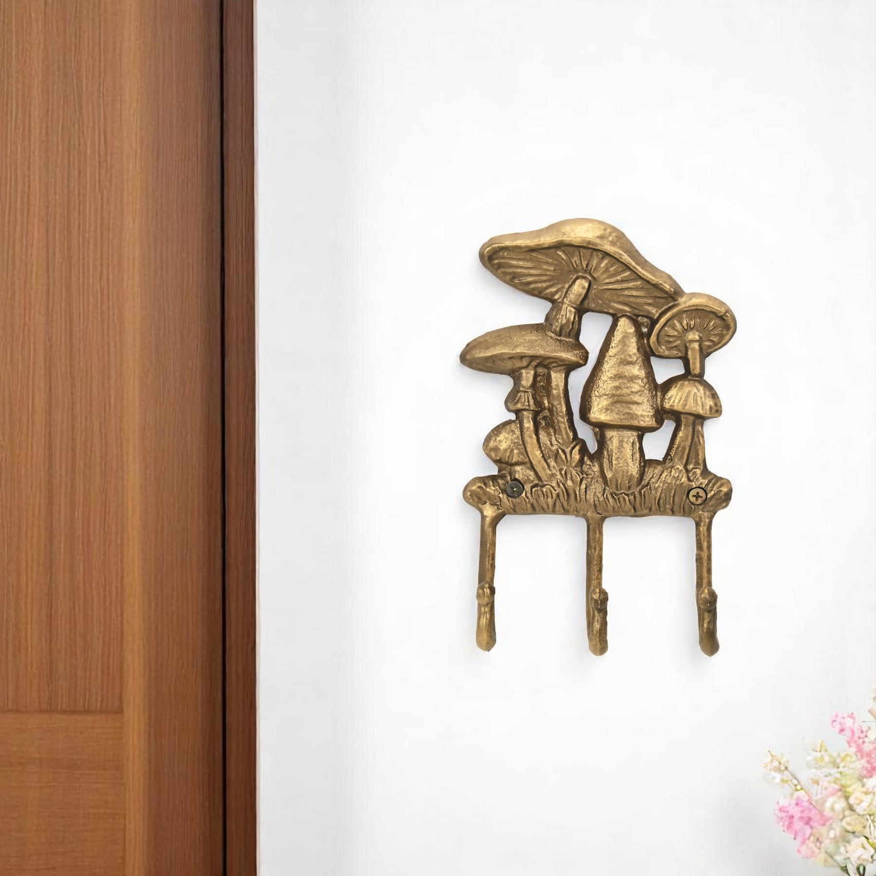 5" Antiqued Gold Cast Iron Mushroom Three Hook Wall Mount Coat Rack-0