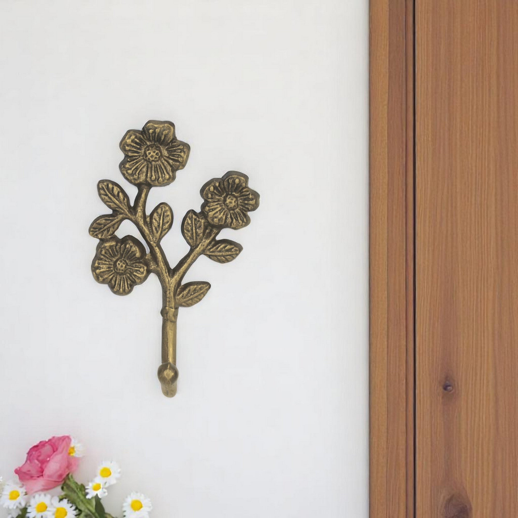 4" Antiqued Gold Cast Iron Flower Wall Hook-0