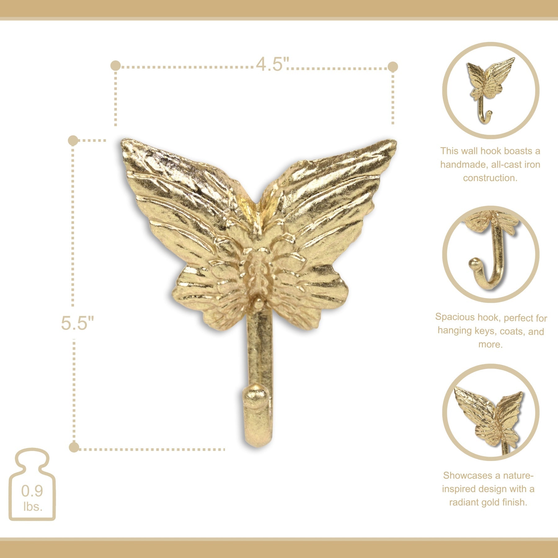5" Gold Cast Iron Butterfly Wall Hook-6