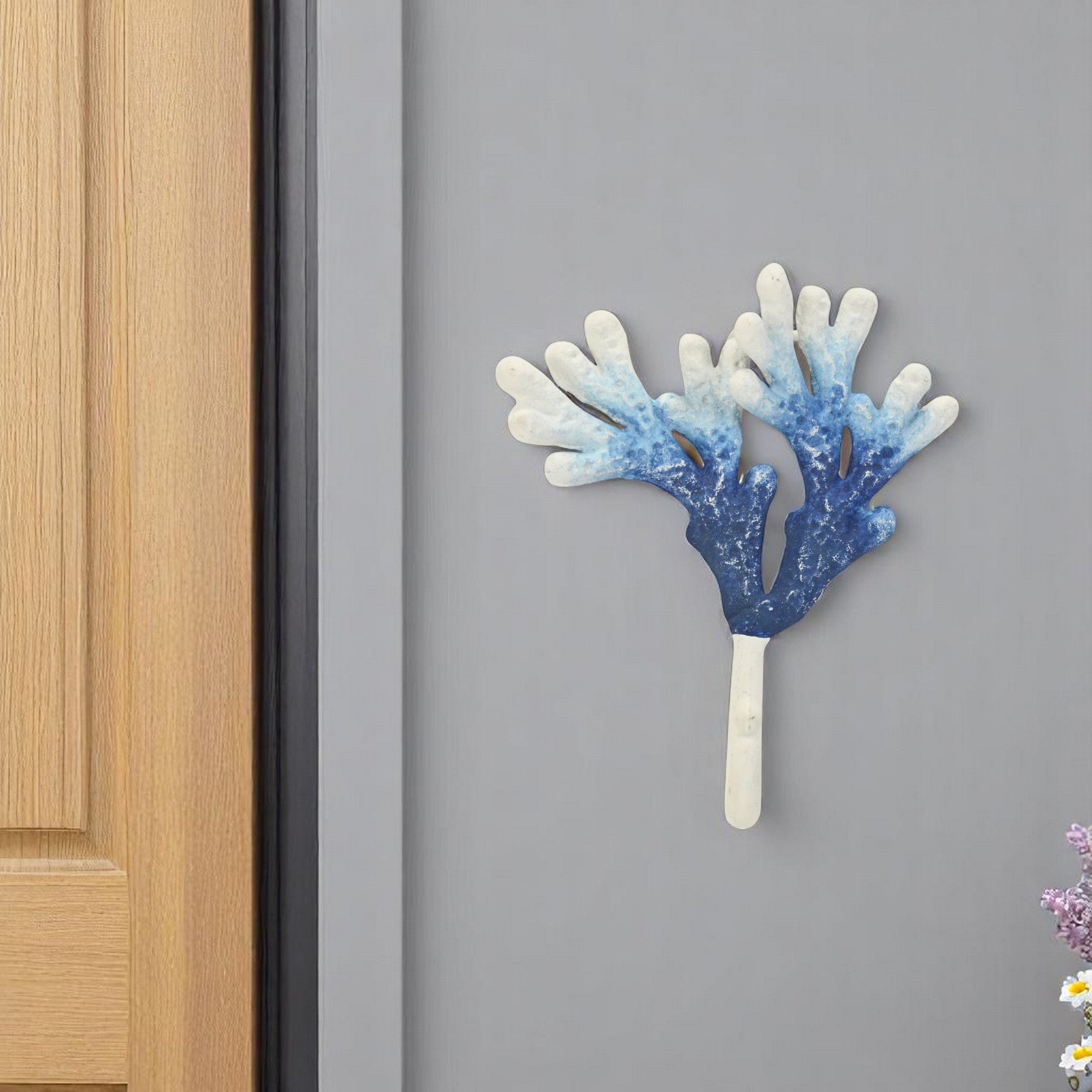 5" Blue And White Cast Iron Coral Wall Hook-0