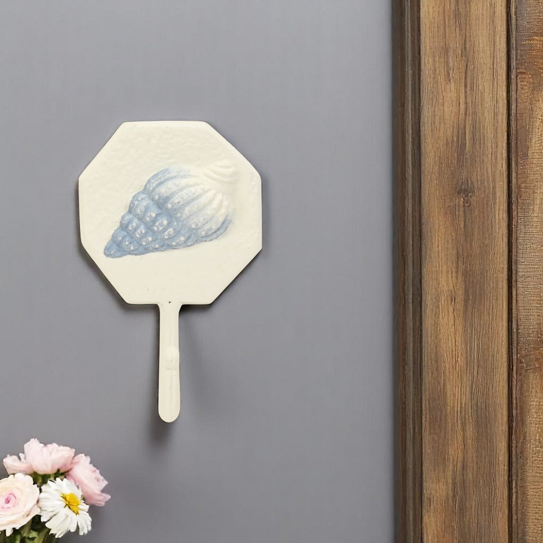 4" Blue And Cream Cast Iron Conch Shell Wall Hook-0