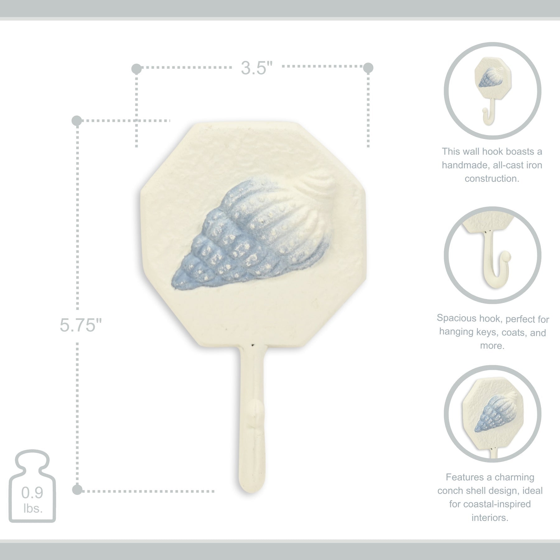 4" Blue And Cream Cast Iron Conch Shell Wall Hook-7