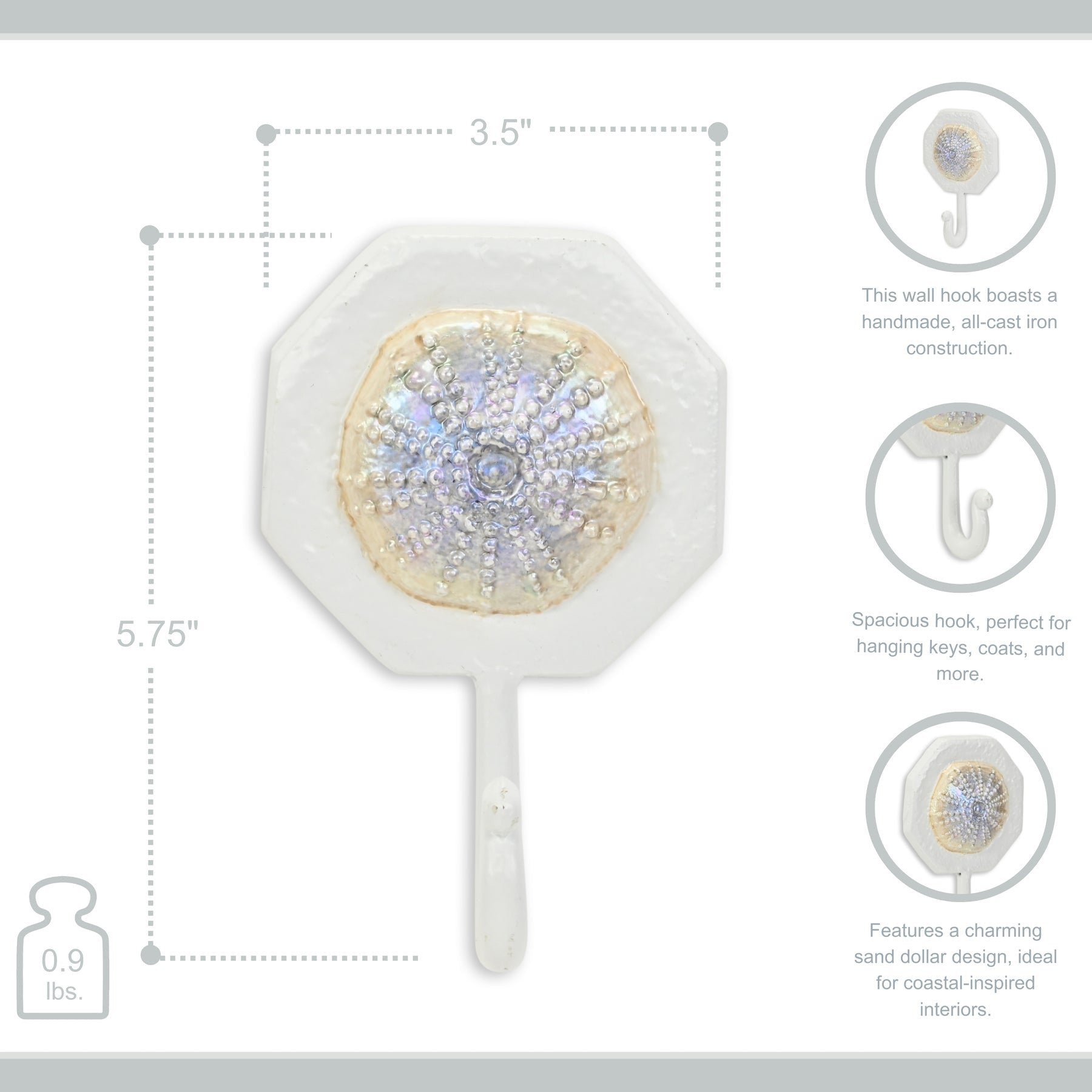 4" Pearl And White Cast Iron Sand Dollar Wall Hook-7