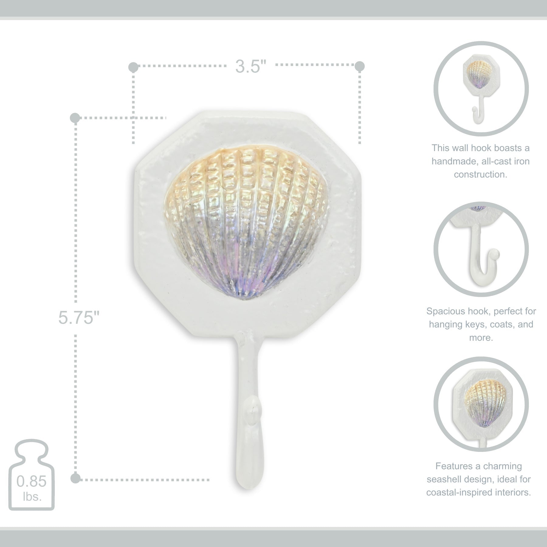 4" Cream And Pearl Cast Iron Seashell Wall Hook-7