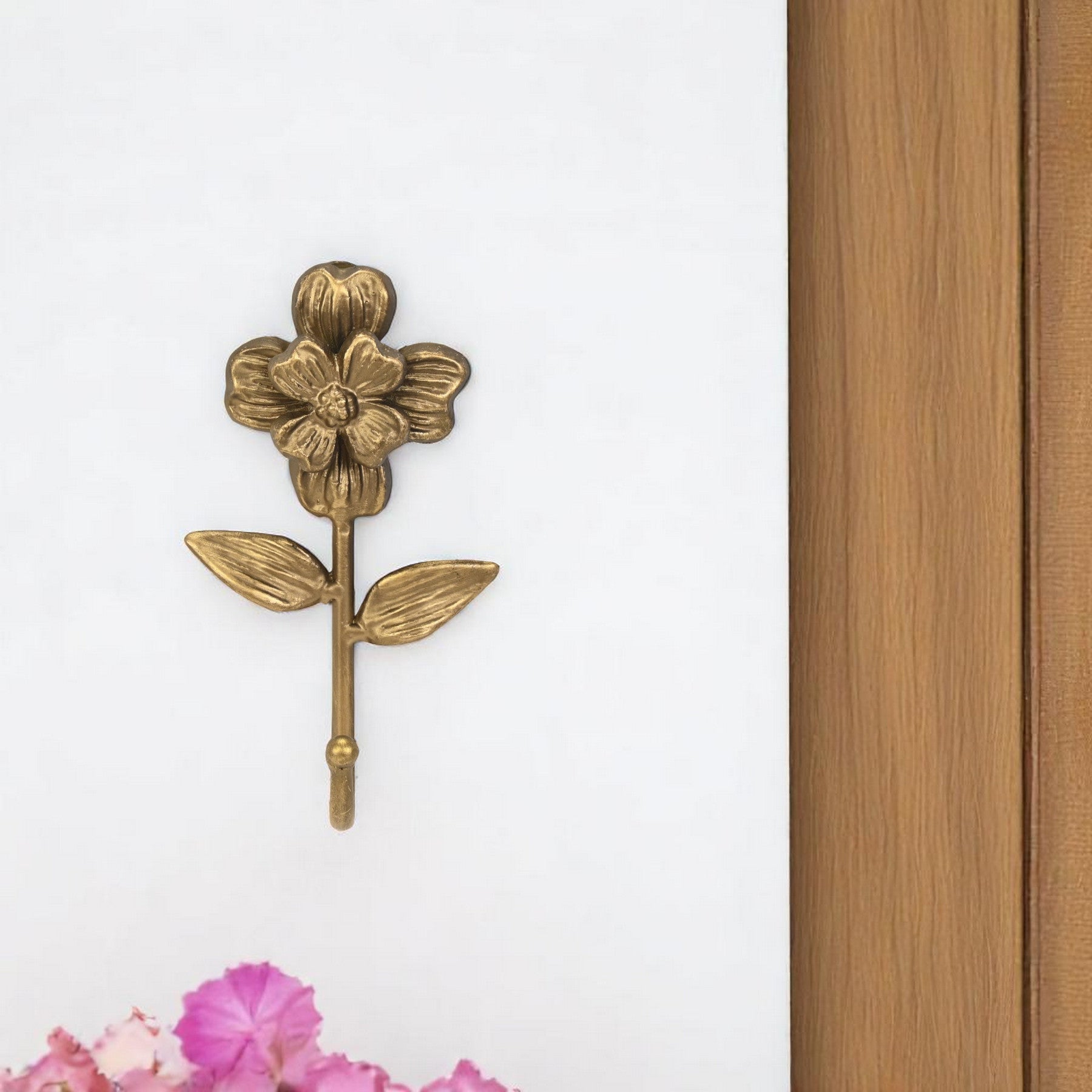 4" Antiqued Gold Cast Iron Flower Wall Hook-0